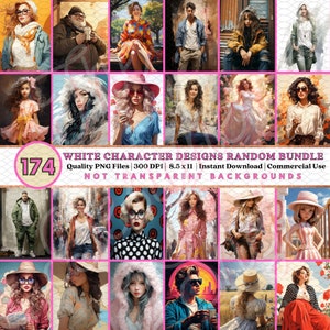 May include: A digital bundle of 174 white character designs. The designs are in PNG format, 300 DPI, 8.5 x 11 inches, and are not transparent. The designs are for commercial use and can be downloaded instantly.