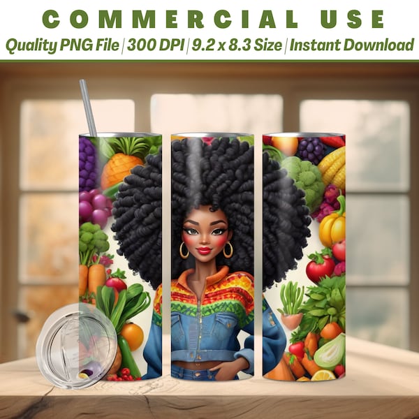 20oz Black Vegan Girl Tumbler Wrap | Vibrant PNG | Plant-Based | Sublimation Wrap | AI Advance Design | Commercial Use | Instant Download