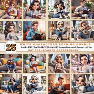25 personajes animados blancos leyendo / *PAQUETE ALEATORIO* / DIVERTIDO clipart 3D / Personajes de niño y niña / Descarga instantánea / Uso comercial