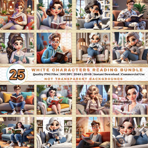 25 White Animated Characters Reading | *RANDOM BUNDLE* | FUN 3D Clipart | Boy & Girl Characters | Instant Download | Commercial Use