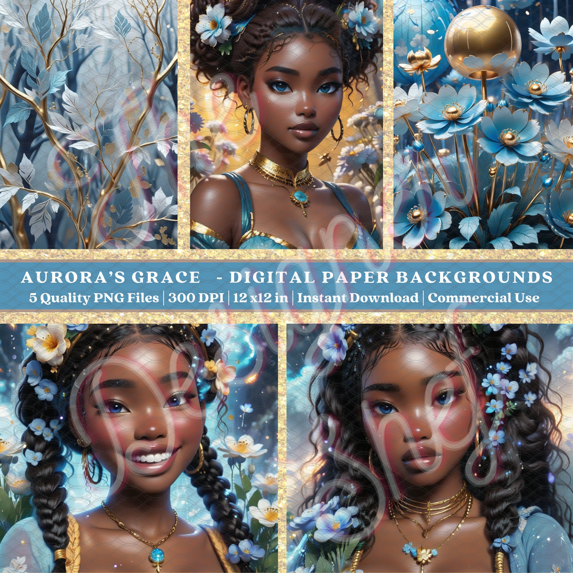 5 AURORA'S GRACE Digital Paper | Blue & Gold | Background | Wallpaper | Notebook | Tumbler | Scrapbook | Instant Download | Commercial Use