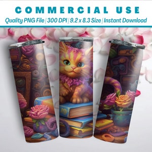 20oz Cat on Books 3D Caricature | Floral Pop Art Background | Tumbler Wrap Design | Light-Hearted | Eye-Catching | Perfect for Cat Lovers