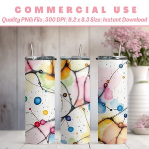 May include: Three stainless steel tumblers with colorful abstract designs. The designs feature a white background with black lines, watercolor-like shapes in shades of pink, yellow, orange, blue, and green, and small colorful dots.