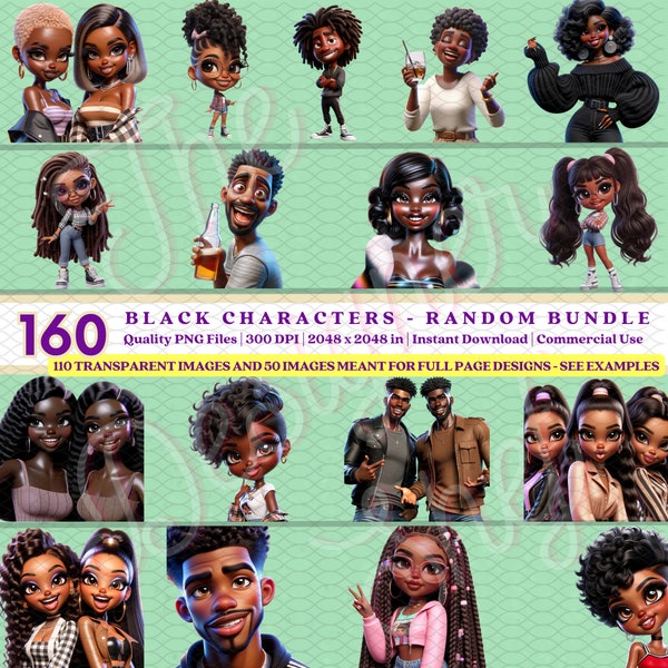 160 Black Animated *RANDOM BUNDLE*: FUN 3D Clipart | Playful Character Designs | Diverse Black Characters | Instant Download/Commercial Use