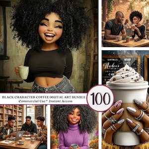 100 afroamerikanische Kaffeekunst-Bundle | Schwarze Menschen Lifestyle Print | Cafe Ästhetische Kunst | Digital Planner Dashboard | Kommerzielle Nutzung JPEG