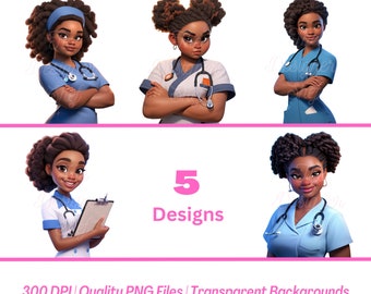 5 Black Nurse Designs, Nurse ClipArt png, Black Nurse Clipart png, Nurse Characters png, Cartoon Nurse Characters png, Afro Nurse png