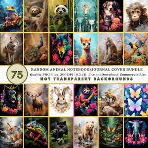 Paquete de 75 personajes animales ALEATORIOS / Temas de portadas de cuaderno / Ilustraciones inspiradas en la naturaleza / Diarios / Insertos y repuestos / Uso comercial