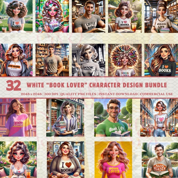 32 White ”Book Lover” Characters | *RANDOM BUNDLE* | FUN 3D Clipart | Avid Readers | Literature Art | Instant Download | Commercial Use