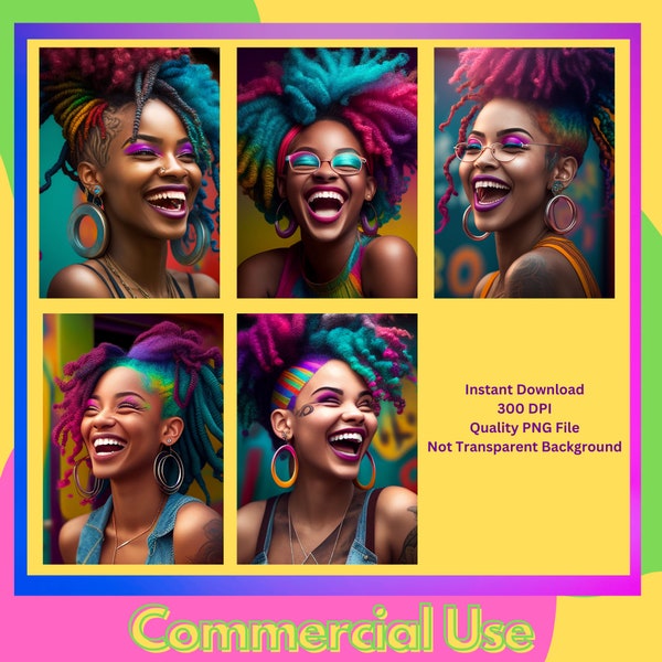 Fashionable Black Women, Black Girl Mohawk, Colorful Hair, Black Hair, Black Girl Magic, Afro, Colorful Women png, Colorful Hair, Laughing