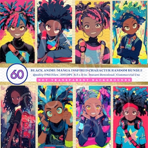 Paquete de 60 personajes inspirados en anime y manga de color negro: portadas de anime, portadas de manga, cuadernos, portadas y encartes de diario, uso comercial