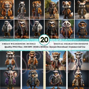 メガネをかけた魅力的な動物キャラクター 20 選 | 都会の荒野のテーマ | 自然にインスパイアされたイラスト | ヒップホップ風 | 商用利用