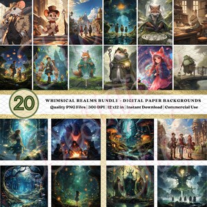 Paquete de 20 papeles digitales Whimsical Realms / Arte de fantasía / Entornos y aventureros / Ilustración mágica / Temática de anime / Uso comercial