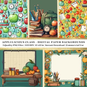 5 Applelicious Class Digital Paper Themes - Back To School PNG | Digital Wallpaper | Scrapbook Backgrounds | AI Advance Art | Commercial Use