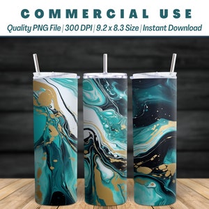 May include: Three stainless steel tumblers with lids and straws. The tumblers feature a teal, black, white, and gold abstract design. The text "COMMERCIAL USE" and other details are visible at the top.