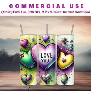 May include: Three stainless steel tumblers with a colourful heart design. The tumblers are green, purple and yellow with a variety of hearts and flowers. The text "I LOVE YOU" is on the purple tumbler.