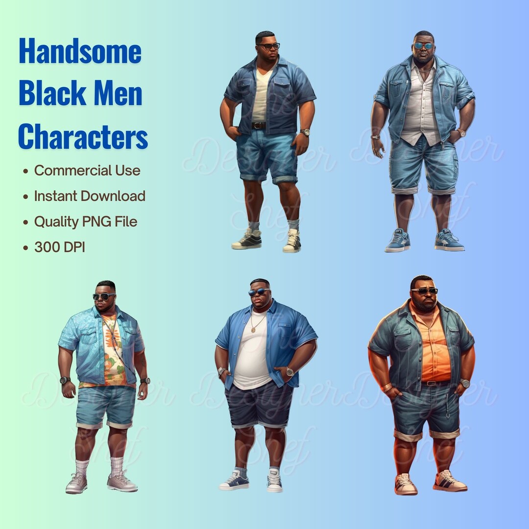 Black Chubby Men Character Designs, Cartoon Black Men Png, Afro Men