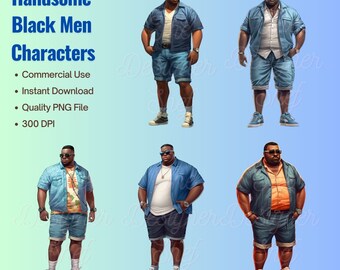 Black Chubby Men Character Designs, Cartoon Black Men png, Afro Men ClipArt, Melanated Men png, Black King png, Plus-sized Black Men, AI Art