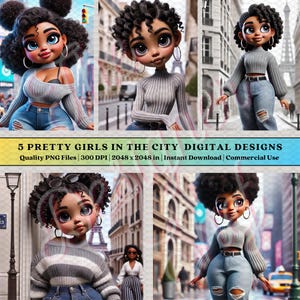 5 personajes aleatorios de chicas negras en la ciudad: imágenes prediseñadas en 3D, divertidas, fondos, cuadernos, álbumes de recortes, descarga instantánea y uso comercial