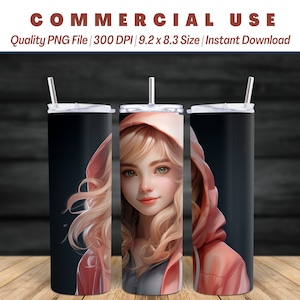 Hoodie Anime Girl Tumbler Wrap | Blondes Haar & Rosa Pulli | Anime-Charaktere | Charmante Zeichen | Kontrastreiche Schattierung | Starke Schattierung
