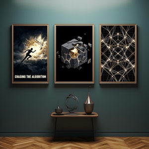 May include: Three framed wall art prints featuring abstract designs. The left print shows a silhouette running toward a golden vortex with the text CHASING THE ALGORITHM. The center print depicts a fractured cube. The right print shows a geometric grid.