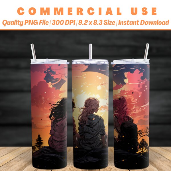 20oz Three Peaceful Nature Girls Tumbler Wrap | Tranquil Artwork | Warm and Calm | AI Advance Design | Commercial Use | Instant Download