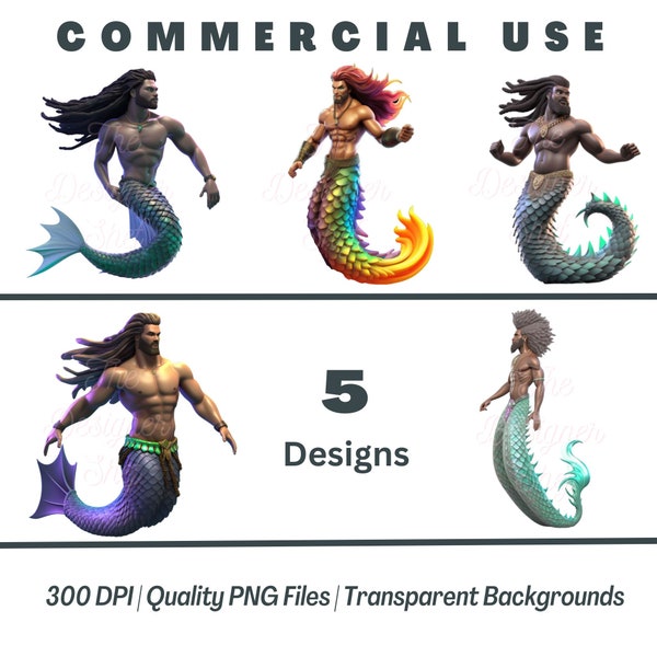 5 Unique Male Merman Designs, Handsome Merman, (Man Mermaid aka Merman), Cartoon Merman ClipArt png, Digital AI Art png, Commercial Use