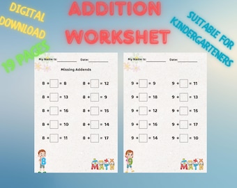 Math Addition Worksheets | Kindergarten Math Binder | First Grade Math Practice | Homeschool Printable | Basic Addition Activity PDF