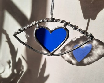 A look of love, glass heart eye, sun catcher, interior decoration window suspension, hanging mobile, stained glass art, stained glass