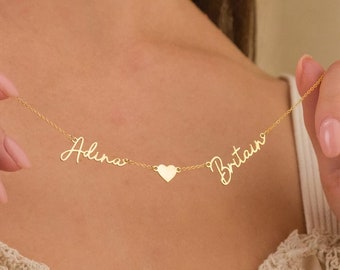 14K Solid Gold Custom Two Name Necklace with Heart, Pave Heart Pendant, Personalized Gold Necklace, Dainty Name Pendant, Gift for Mom