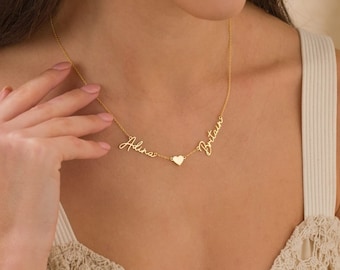 Custom Double Name Necklace with Heart, 14K Solid Gold, Couple Name Plate Pendant, Gold Nameplate Necklace, Personalized Gift for Her
