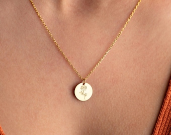 Personalized Birth Flower Disc Necklace, Custom Birth Flower Pendant, Engraved Disc Jewelry, Birthday Gift, Gift for Her