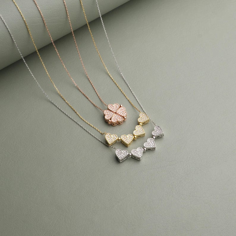 Magnetic 4 Heart Clover Necklace, Four Heart Clover Pendant for Women, Dainty Zircon Love Jewelry, Girlfriend Gift, Lucky Gift for Her