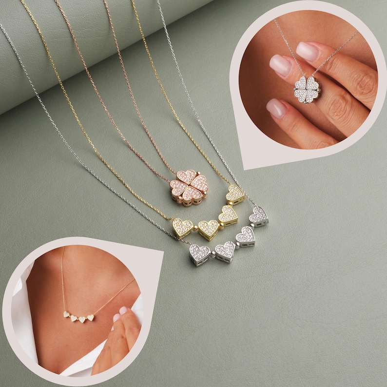 Magnetic 4 Heart Clover Necklace, Four Heart Clover Pendant for Women, Dainty Zircon Love Jewelry, Girlfriend Gift, Lucky Gift for Her