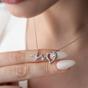 Heartbeat Necklace with CZ Stones, Heartbeat Jewelry, Heart and Pulse Pendant, Silver Dainty Love Necklace, Nurse Gift, Gift for Her