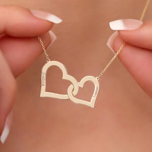 Personalized Engraved Heart Necklace, Double Interlocking Hearts Pendant for Women, Dainty Gold Silver Rose Gold, Couple Gift, Wife Gift