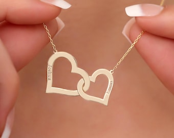 Collana con cuore personalizzato inciso, ciondolo a doppio cuore intrecciato per donna, delicata in oro, argento e oro rosa, regalo per coppia, regalo per la moglie