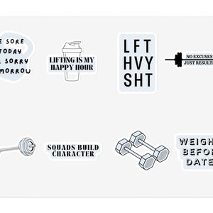 8 Unique Gym Stickers, Weights, Fitness Fun, Motivational Workout Sticker Sheets, Water Resistant Stickers!