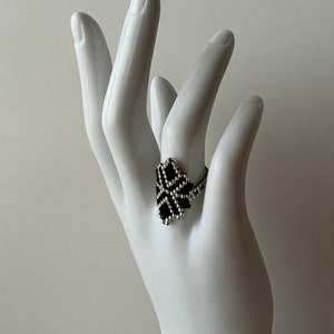 Chaquira Handmade Design Ring, Black and White Statement Ring