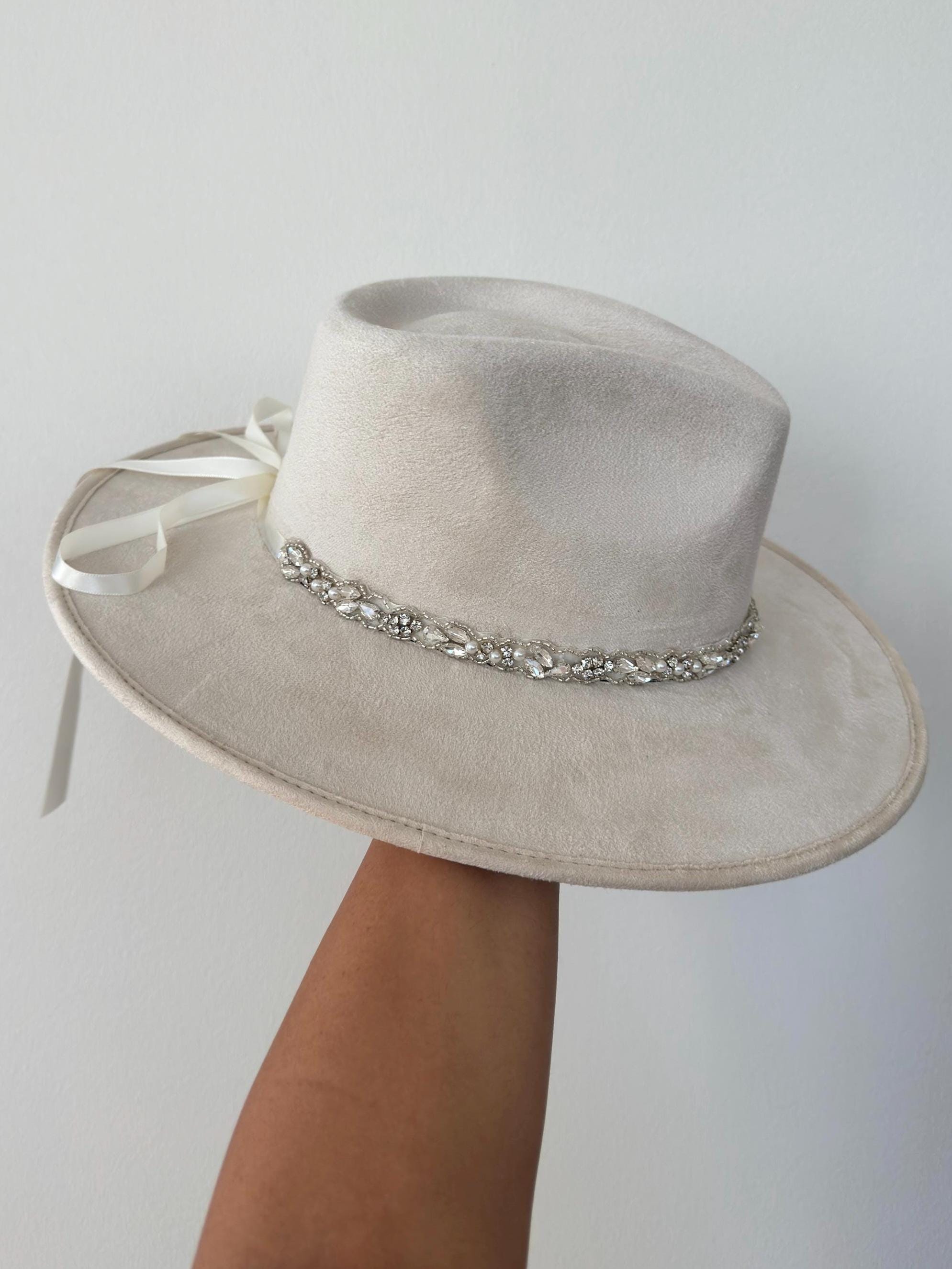 Stylish off White Suede Fedora With Crystal Band, Beautiful  display picture 1
