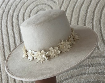 Suede Fedora Hat, Beautiful Floral Ribbon Belted, Bridal Accessorize Hat, Handmade Fedora, Luxury Feel, Mexican Authentic Hats.