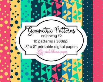 Geometric digital papers for scrapbooking, cardmaking and other papercrafts, printable paper in yellow, pink, blue and turquoise