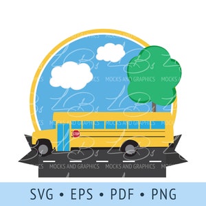 Puede incluir: Un autobús escolar amarillo con una señal de stop, un árbol verde y dos nubes blancas en un cielo azul. El autobús está en un camino negro con líneas blancas. La imagen está en un círculo con un borde negro.