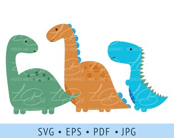 May include: Three cartoon dinosaurs in different colors and poses. A green dinosaur with a long neck, an orange dinosaur with a long neck, and a blue dinosaur with a short neck. The dinosaurs are all facing forward.