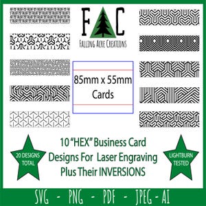 May include: A green graphic with black and white geometric designs for business cards. The image includes the text "10 'HEX' Business Card Designs For Laser Engraving Plus Their INVERSIONS" and "85mm x 55mm Cards".