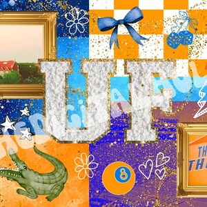 May include: A collage featuring University of Florida imagery. It includes the letters "UF" in a textured design, framed pictures, a gator illustration, and the text "Go Gators!" and "This is... The Swamp". The color scheme is blue, orange, and gold.