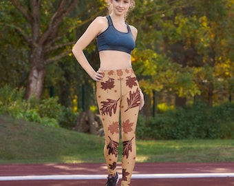 Yogalegging met hoge taille en botanische bladprint, sportbroek in de natuur