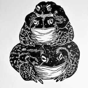 Stacked toads linocut print