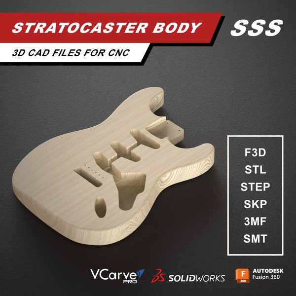 Stratocaster Electric Guitar Body SSS Pickguard and Backplate | 3D CAD Files for CNC  | f3d step skp stl