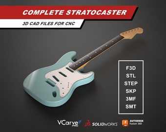 Stratocaster Electric Guitar | Body Neck Pickguard Backplate | 3D CAD Files for CNC | f3d stl step skp