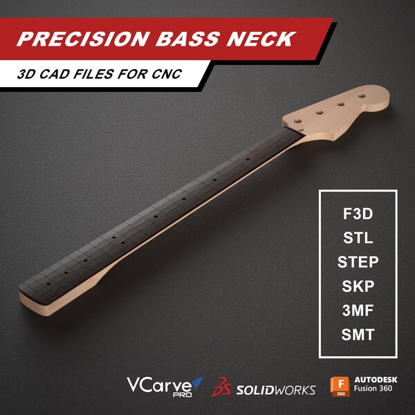 Precision Bass Electric Bass | Neck and Fretboard | 3D CAD Files for CNC | f3d stl step skp